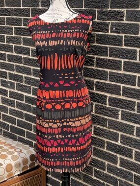 Connected Apparel Red and Black Sheath Midi Dress, Size 14